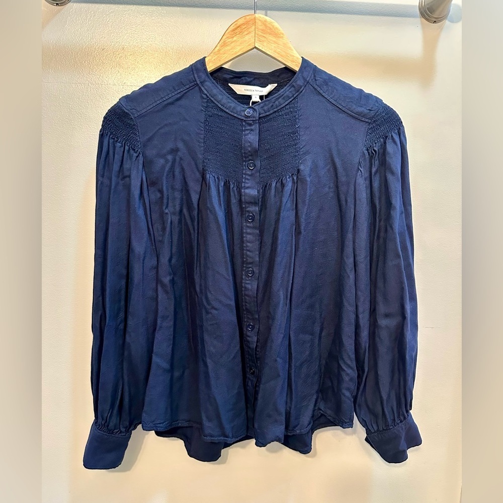 NWT Rebecca Taylor Women's Long Sleeve Twill Blouse in Navy Blue Size S